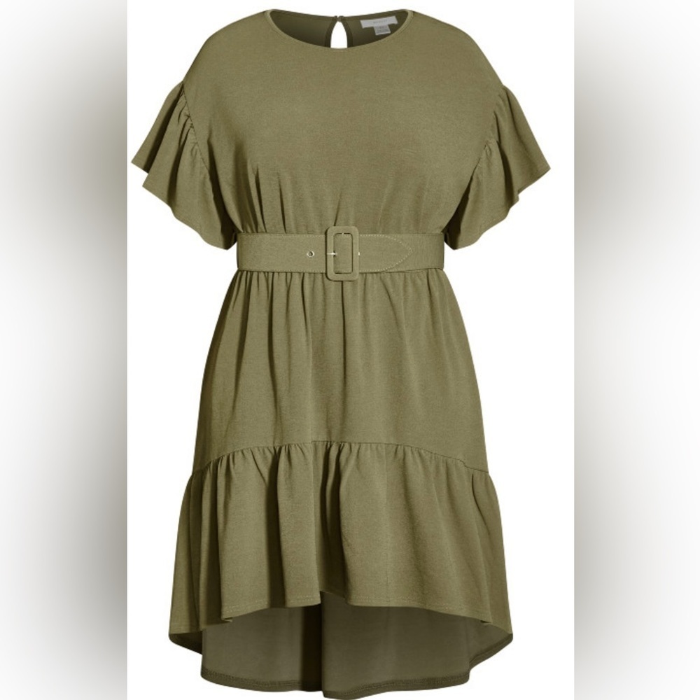 REFINITY NWT Career Party Ruffle SLV Hi-Lo Olive Tier Belted "Swish" Dress 22 XL